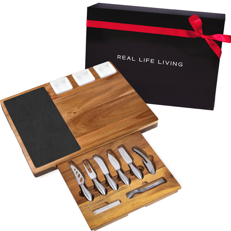 Tagliere per Formaggi Real Life Living Legno di acacia 2 accessori 6 coltelli (Ricondizionati B)